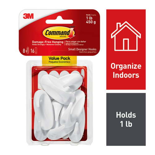 Command Designer Hooks, White Finish Value Pack, 8 Small Wall Hooks