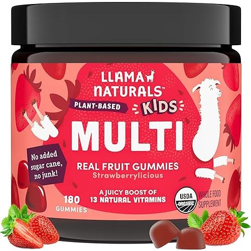 Llama Naturals Kids Multivitamin Gummies | Real Fruit, No Added Sugar Cane | Organic Vegan Toddler Whole Food Vitamins | Vitamin D, C & Beta Carotene Gummy Supplement | Strawberry 180 Ct (2-3 Months)
