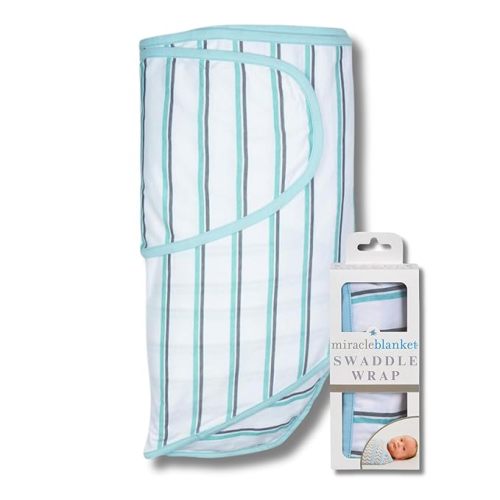 Miracle Blanket Swaddle Wrap – Help Your Newborn Sleep Longer – Soft & Secure Sleep Sack for Infants – Easy-to-Use Swaddling Blanket for a Calm Baby (Blue and Gray Stripes)