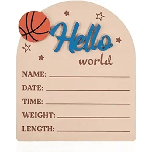 Hello World Newborn Sign, Wooden Baby Birth Announcement Sign with Pen for Boy Girl New Baby Name Plaque Newborn Birth Information Board for Photo Prop Nursery Hospital Decorations (Basketball Theme)