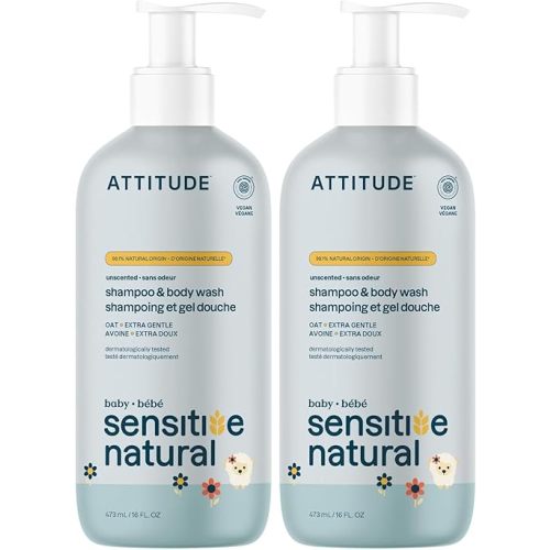 ATTITUDE 2-in-1 Shampoo and Body Wash for Baby,EWG Verified,Plant- and Mineral-Based Ingredients,Vegan-and Cruelty-Free Products for Sensitive Skin,Unscented,16 Fl Oz,(Pack of 2)