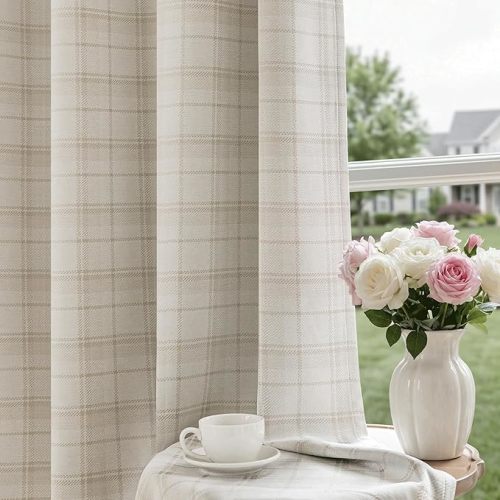 Beige Plaid Jacquard Blackout Curtains Bedroom 52x84 2 Panels