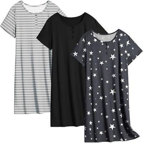 Ekouaer 3 Pack Women's Sleepshirts Soft Sleepwear Short Sleeve T-Shirt Nightgowns Casual Sleepdress Nightshirts Black&Star&Strip XXL