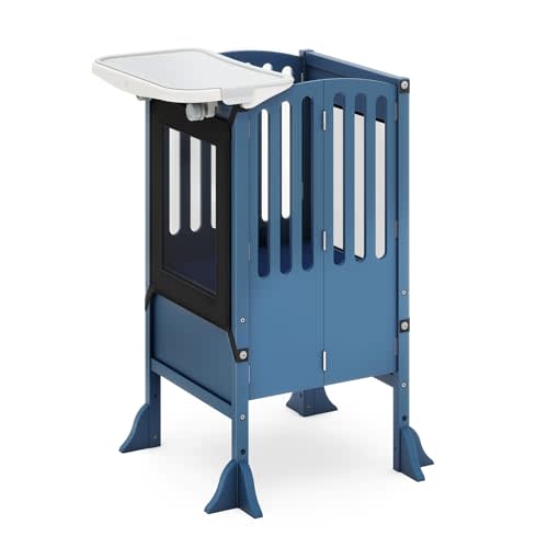 Guidecraft Kitchen Helper® Toddler Tower and Mealtime and Play Tray Bundle: Contemporary Navy Folding, Adjustable Step Stool with Keepers, Non-Slip Mat and Easy to Clean, Detachable Tray Table