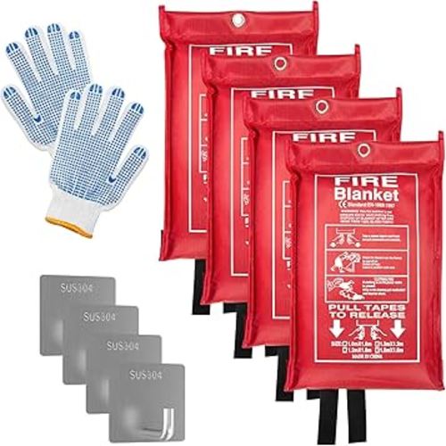 Emergency Fire Blanket (4 Pack, 40 in X 40 in) + 4 Hooks &1 Gloves, Fiberglass Fireproof Fire Blanket for Home and Kitchen, Camping, Grill, Car, Warehouse