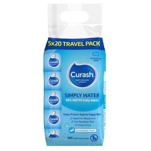 Curash Baby Travel Water Wipes 5 x 20 Pack