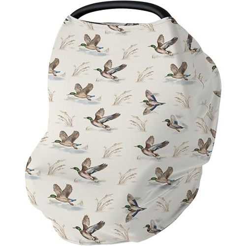 Wild Ducks Mallards Baby Car Seat Covers Vintage Duck Hunting Stretchy 5-in-1 Cover Adjustable Car Canopy Breastfeeding Cover Retro Duck Leaves Pond Breathable Nursing Cover-Up