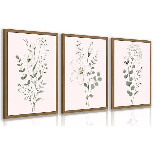 OPFDE Wood Framed Sage Green Botanical Wall Art Set of 3, Minimalist Wildflower Poster Prints, Neutral Floral Line Art Decor, Modern Farmhouse Bathroom Artwork for Living Room Bedroom 12x16 Inch