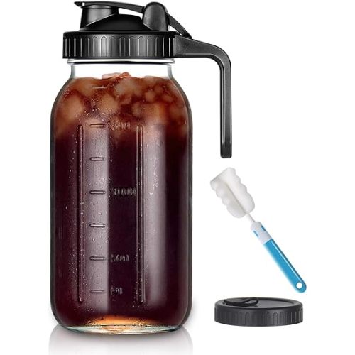 YEBODA 64oz Glass Pitcher with Lid, 2 Quart Mason Jar Pitcher with Pour Spout Lids, Wide Mouth Jar Leakproof Glass Jug, Heavy Duty Container for Water, Juice, Milk, Tea, Iced Coffee, and Drinks -Black