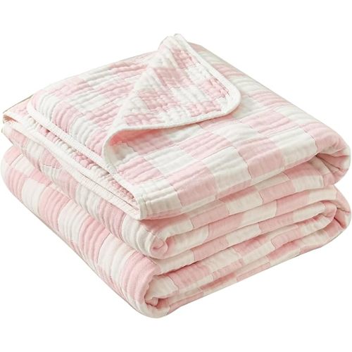 Ultra Soft Cozy Cotton 6-Layer Muslin Baby Blanket 41" x41” Breathable Lightweight Pink Checkered Swaddle Blanket for Baby Girls Essentials Birthday Gifts All Seasons Both Sides