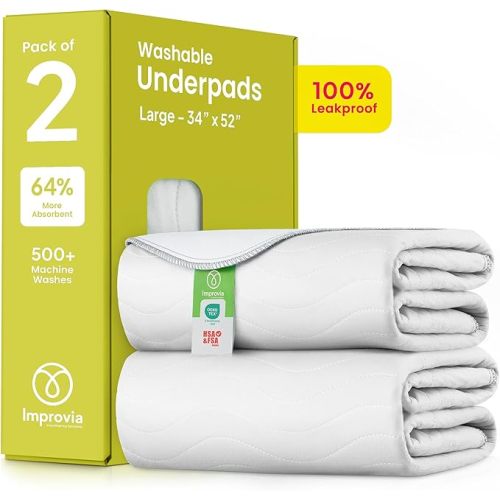 IMPROVIA® Washable Underpads, Heavy Absorbency Reusable Incontinence Pads for Kids, Adults, Elderly, and Pets - Waterproof Protection Floor White & White (2 Pack - 34x52)