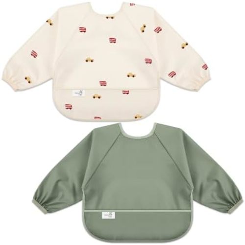 Long Sleeve Baby Bib, Waterproof Fabric, Catch-All Pocket, Baby Smock Bib, Adjustable Sleeves