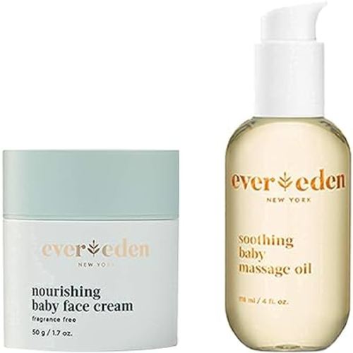 Evereden Soothing Baby Massage Oil, 4 fl oz & Nourishing Face Cream, 1.7 oz | 2 Item Bundle Set | Clean and Unscented Baby Care