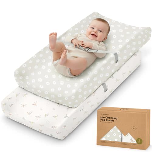 2-Pack Baby Changing Pad Cover for Girl, Boy - 32x16 Soft Viscose Derived from Bamboo Baby Diaper Changing Table Pad Cover Sheets, Neutral, Snug Fit Nursery Diaper Change Sheets (Meadow)