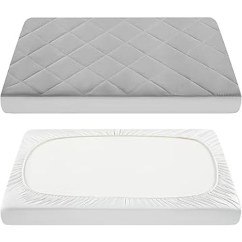 TILLYOU Pack and Play Sheet - Soft Quilted Crib Cover Pad, Toddlers Mattress Protector with 1''-3'' Deep Pocket, Thick Play Yard Playpen Sheets, Crib Mattress Pad 39"x27", Medium Grey