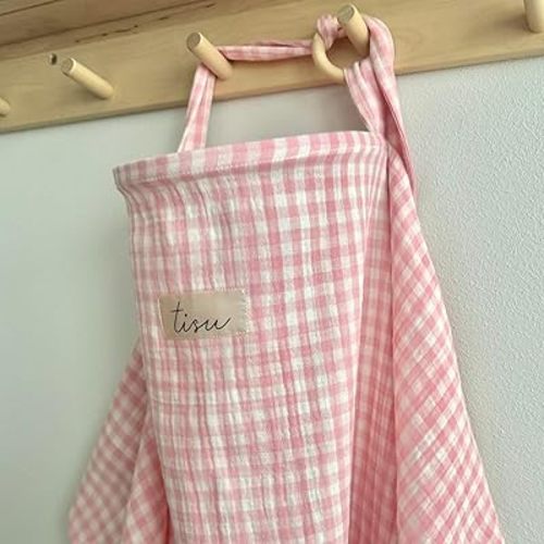 Nursing Cover for Baby Breastfeeding & Pumping | Multi Use Car Seat Stroller Cover | Breathable Soft Muslin Cotton | Breast Feeding Apron & Shawl by TISU (Pink Gingham)