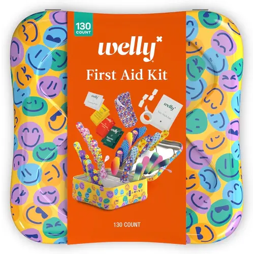 Welly First Aid Kit - Adhesive Flexible Fabric and Waterproof Bandages, Tape and Non-Stick Pads, Butterfly Strips, Single Use Ointments Triple Antibiotic and Hydrocortisone, and Ibuprofen - 130 Count
