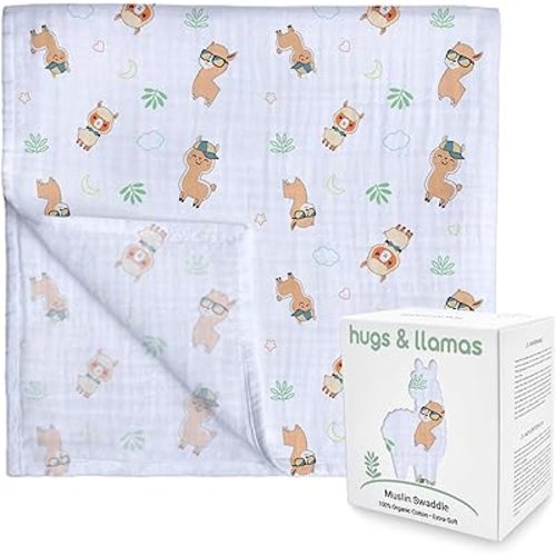 hugs & llamas | 100% Organic Cotton Muslin Swaddle Blankets | Unisex Swaddle Blanket | Extra Soft | Swaddles for Newborns and Infants | Machine Washable | 47” x 47” (Fancy Llama)