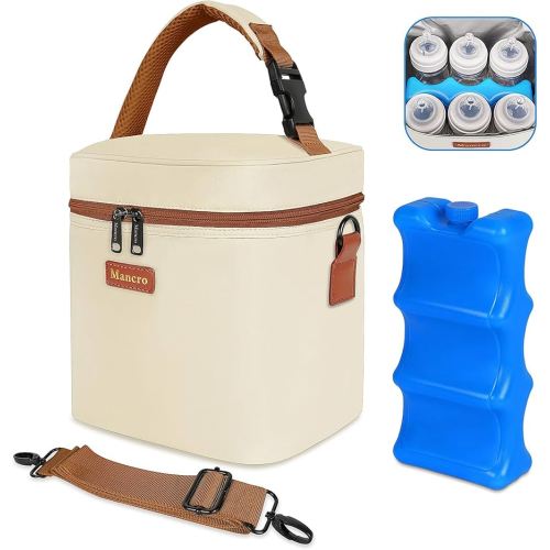Mancro Breast Milk Cooler Travel Bag with Ice Pack, Insulated Baby Bottle Bag Fits for 6 Baby Bottles Up to 9 Ounce with Detachable Shoulder Strap, Breastmilk Cooler for Working Mom or Daycare, Beige