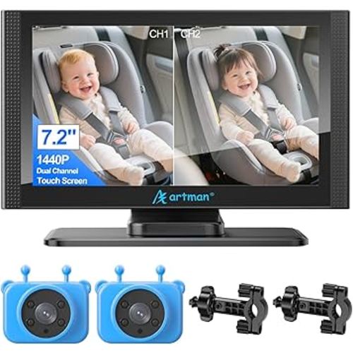 Artman Baby Car Camera for 2 Kids, Baby Car Monitor with 7.2'' HD 1440P IPS Touch Screen, Dual IR Night Vision Cameras, Easy No-Damage Install Ideal Car Seat Monitor for Parents and Pet Owners