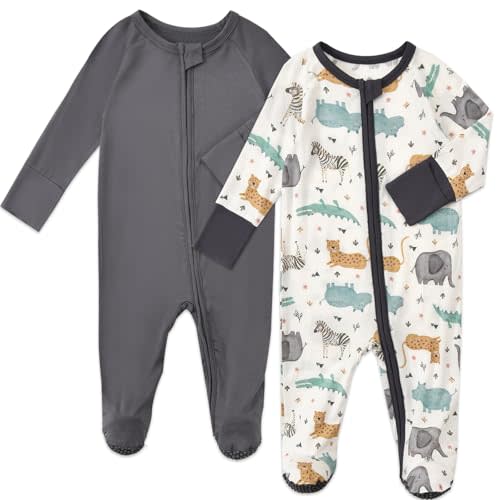 Baby Footed Pajamas with Mittens Rayon from Bamboo 2pcs Newborn Infant 2-way Zipper Pjs Cute Sleeper Outfit