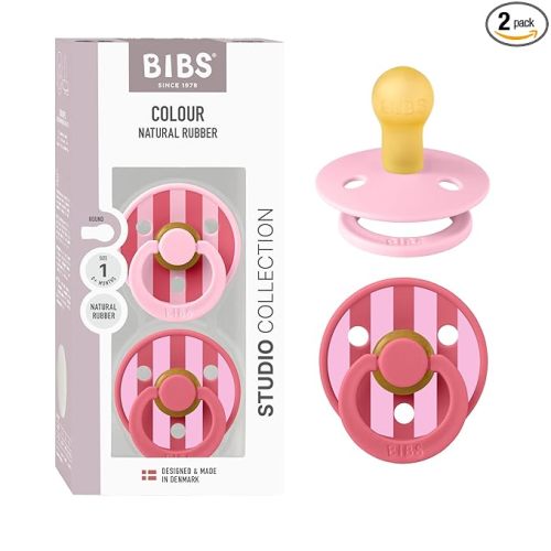 BIBS Pacifiers - Studio 2 Pack | Round Nipple Baby Pacifier | BPA Free Natural Rubber Latex Soother | Made in Denmark | Size 0+ Months | Block Baby Pink Coral
