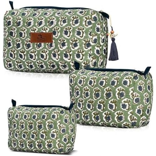 Ridhi Basil Green Hand Block Print 100% Cotton Toiletry Bag, Set of 3