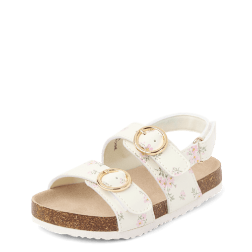 Toddler Girls Floral Buckle Slides - White