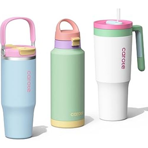 CAROTE 3-Pack Insulated Stainless Steel Water Bottles with Upgraded Leakproof Tech, Car Holder Fit & Scratch-Resistant, 32/32/40 oz Travel Straw Tumblers Set for Home/Car/Outdoor (Macaron)