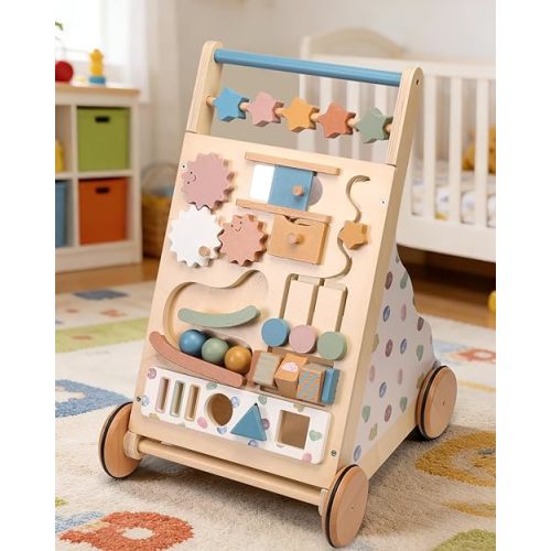 Montessori Safe Wooden Baby Walker, Adjustable Speed Baby Push Walker for Girls and Boys, Morandi Activity Center Toy for Kids' Development, Ideal Gift for Toddlers