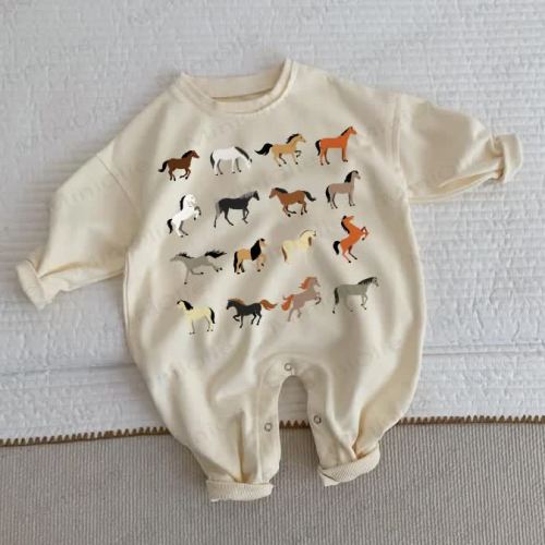 Baby Toddler Multiple Horses Beige Romper