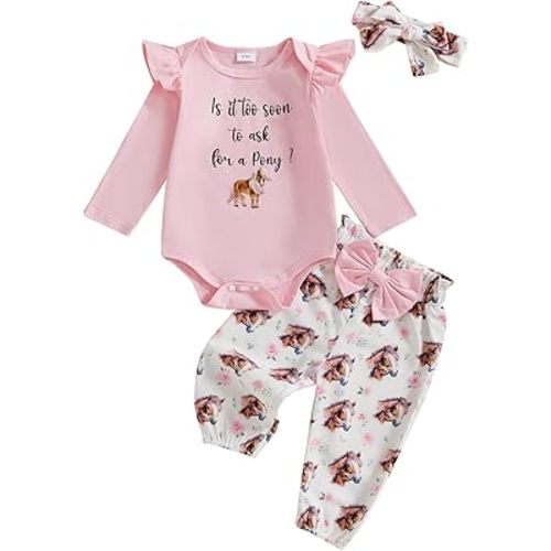 Western Baby Girl Clothes Horse/Boots Print Long Sleeve Romper + Pants + Headband Newborn Infant Cute 3PCS Set