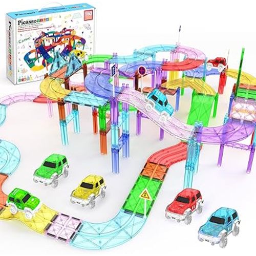 PicassoTiles 150 Piece Race Car Track, Magnetic Building Set with 4 Cars 3+