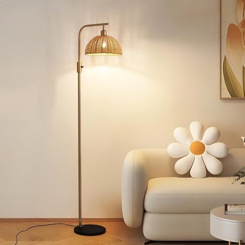 XZHGCEE Boho Floor Lamp for Living Room:3 Light Rattan Floor Lamp for Bedroom, Gold Standing Lamp with Foot Switch, Coastal Rustic Tall Lamp, No Bulb