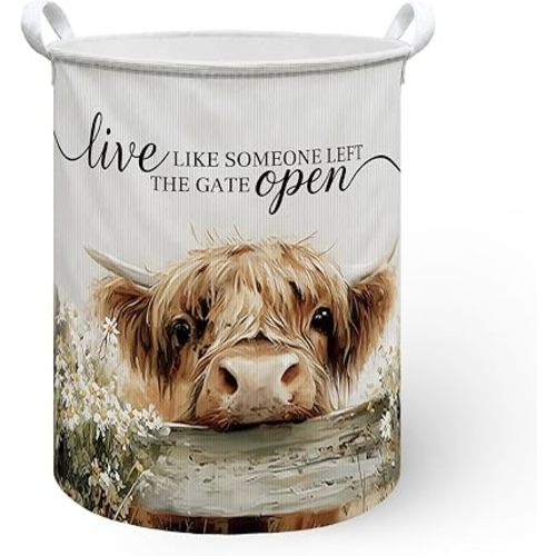 Highland Cow Laundry Hamper Basket, Highland Cow Bathroom Decor Dirty Clothes Hamper, Western Rustic Harmhouse Decor Collapsible Laundry Bin Organizer Storage Basket for Bedroom,13.8x17.8 Inch