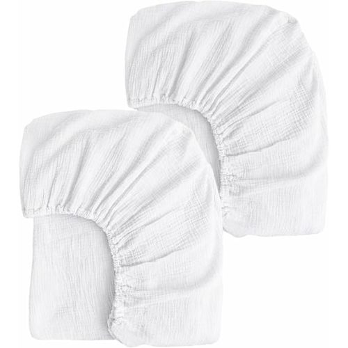 2 Pack White Muslin Mini Crib Sheets for Girl and Boy- Neutral Breathable Mini Crib Mattress Sheets Fitted for 24"x 38" -Nursery Décor Soft No Slip Crib Bed Sheets