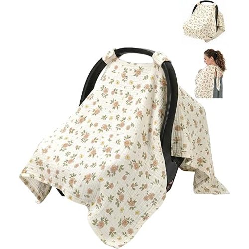 Metplus Muslin Car Seat Cover Baby & Nursing Cover, Soft Breathable Infant Carseat Covers for Summer, Windproof Car Seat Canopy for Boys Girls (Flowers)