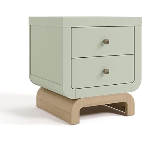 Storkcraft Santorini 2 Drawer Nightstand (Sage & Driftwood) - GREENGUARD Gold Certified Nightstand for Kids Bedroom, Premium Wood with Curved Base, “Champagne” Metal Knobs