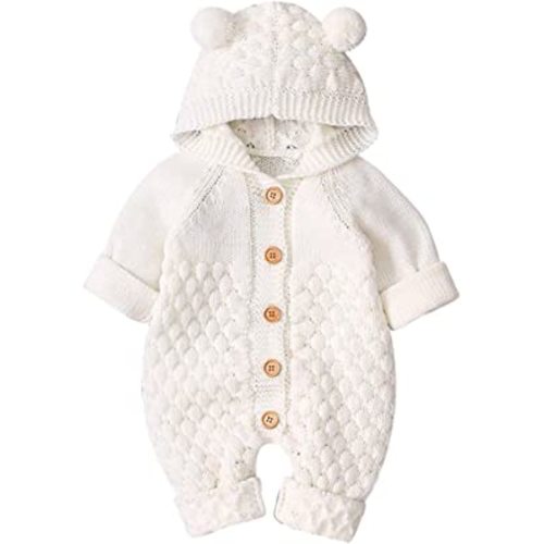 IDOPIP Newborn Baby Bear Ear Hooded Knit Romper Jumpsuit Overall One Piece Bodysuit for Boy Girl Warm Sweater Outerwear 0-24M