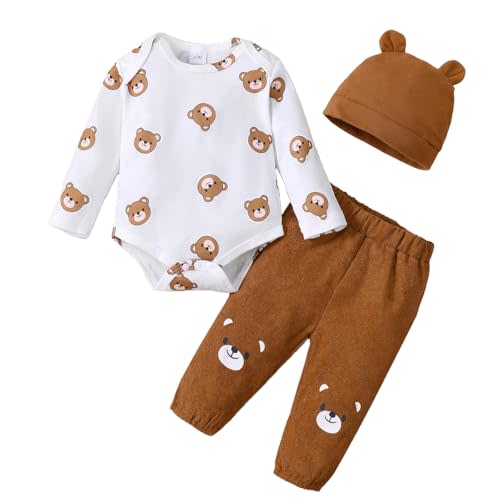 KIMI BEAR Baby Boy Clothes Infant Newborn Fall Winter Outfits Long Sleeve Letter Print Romper + Hat + Pants Set