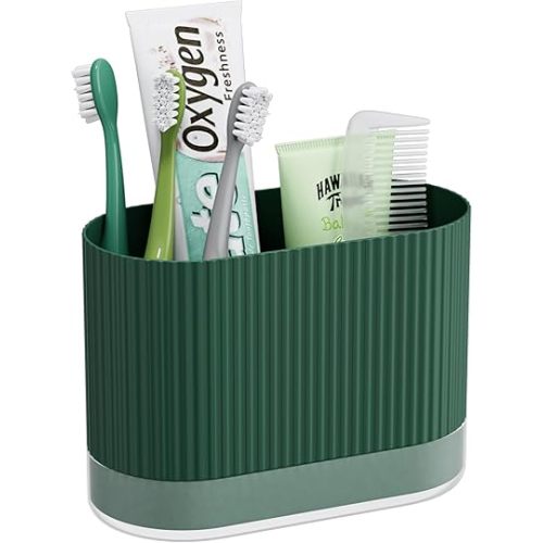Green Kids Toothbrush Holders for Bathrooms, Cute Toddler Plastic Tooth Brush Holder with Drainage and Drip Tray, Large Family Size Toothpaste Stand Organizer Caddy, Green Bathroom Accessories Decor