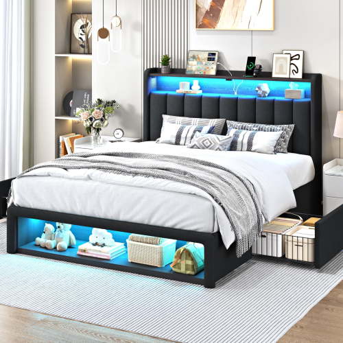 ChicZhiNest Full Size LED Bed Frame with Fluted Upholstered Headboard, Charging Station, Linen Storage Platform Bed with 2 Drawers and Cabinet, Black