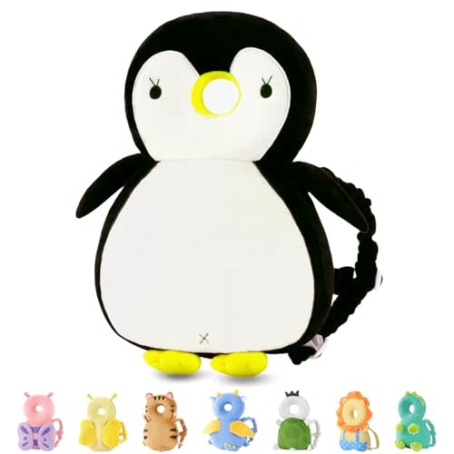 JunNeng Baby Head Protector Backpack, Toddler Walking Fall Head Protection, White Black Penguin