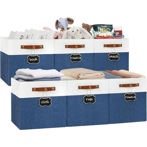13x13 Storage Cubes 6-Pack, Large Foldable Fabric Cube Storage Bin with Reinforced Bottom and Labels, Organizer Baskets for Shelves, Closets(White/Blue)