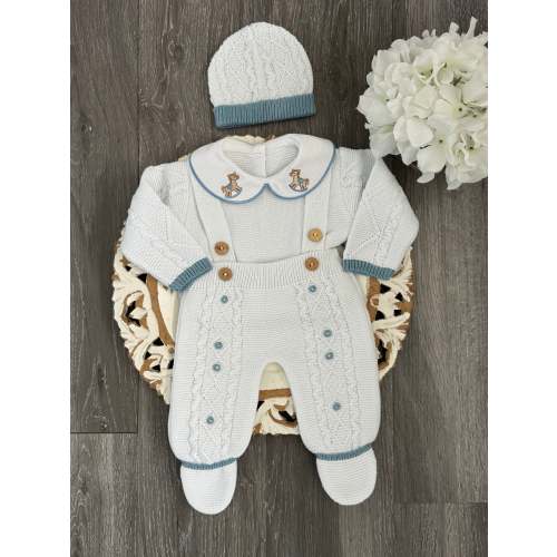 Rocking Horse Collar Double Suspender Buttons Knit Romper in White and Blue
