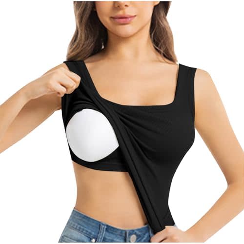 Bulit-in Bra Tank Tops for Women Basic Solid Seamless Sleeveless Square Neck Camisole Stretch Undershirts