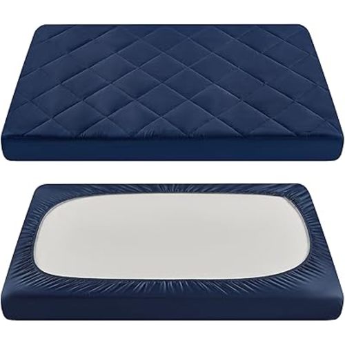 TILLYOU Pack and Play Sheets for Toddler Mattress, Mini Crib Sheets Fitted Up to 3" Deep, Breathable and Soft fit 39"x27", Navy