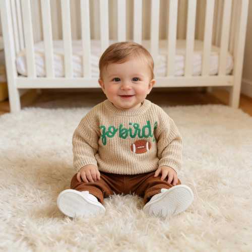 Go Birds Baby Sweater, NFL Football Fan Gift, Embroidered Name Toddler Sweater, Sports Baby Sweater,Handmade Knit Lions Football Baby Outfit