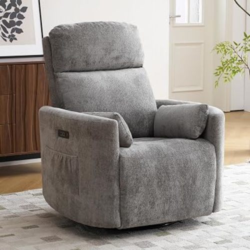 Oversized Power Recliner with Massage and Heat, Swivel Rocker Recliner with Adjustable Headrest, Glider Recliner Nursery Chair with 2 Pillows, Rocking Nursery Recliner for Living Room，Dark Grey