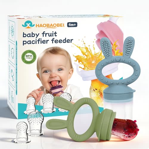 Baby Fruit Feeder Pacifier 2 Pack, Cute Bunny Silicone Food Feeder for Babies 4M+, BPA-Free Infant Teether for Fresh Fruit, Puree & Frozen Breastmilk, 4 Pouches